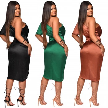 Fashion Solid Color Female Sexy Women's Single Shoulder Split Irregular Skirt Black Dress